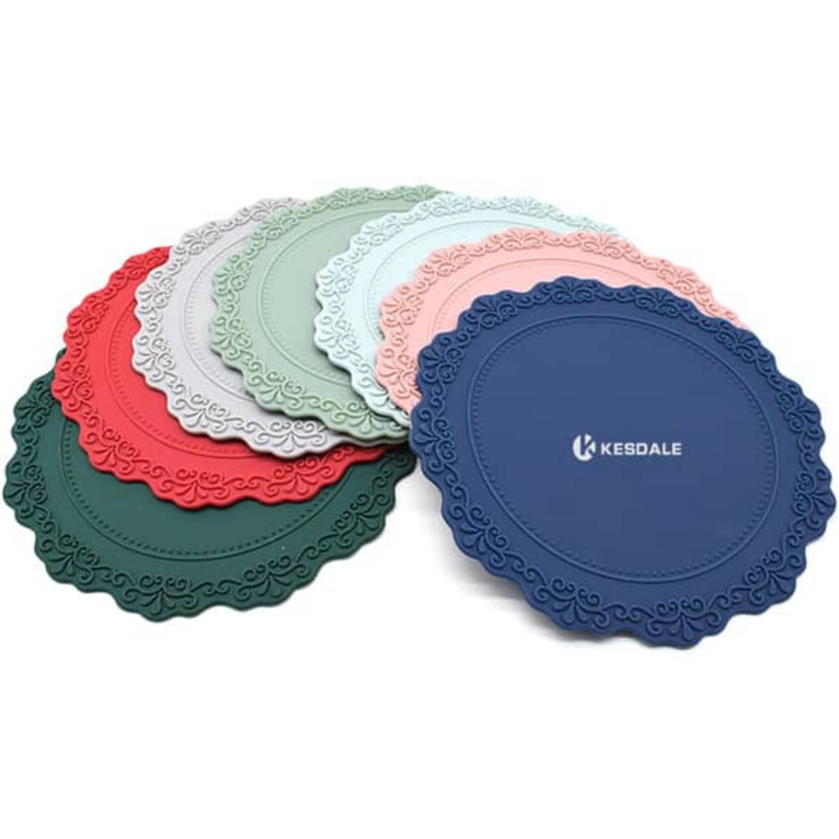 A collection of lace silicone coasters in various colours, including green, red, pink, blue, grey, and a logo on one.