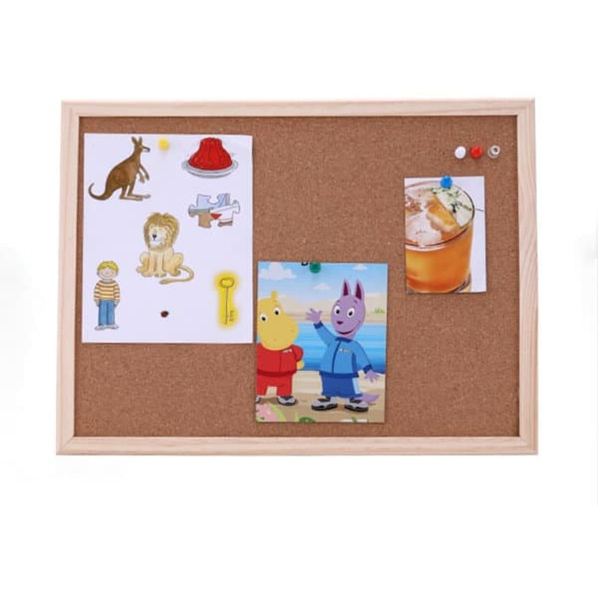 A framed cork board in natural wood featuring colourful images and notes pinned with drawing pins.