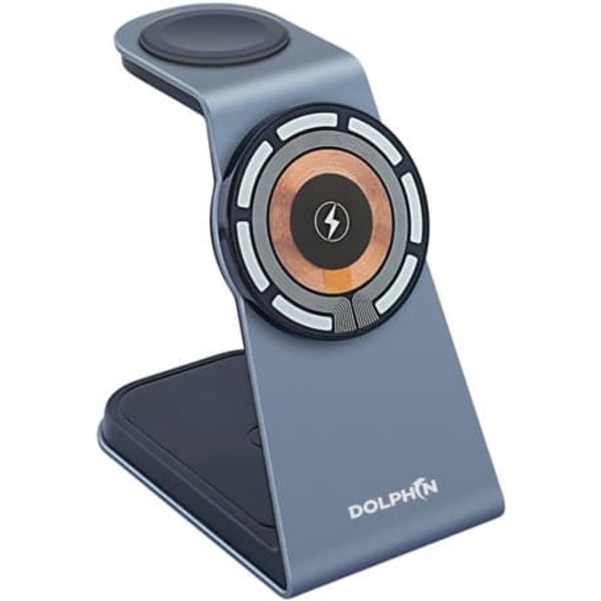 A blue 3-in-1 magnetic wireless charger stand with a sleek design and a circular charging area. Features a logo on the front.