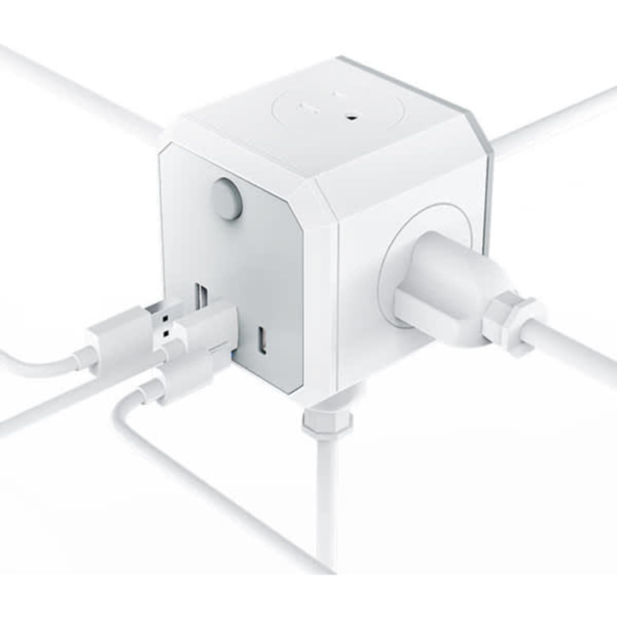 A white socket cube with multiple ports and a cord, featuring a logo.