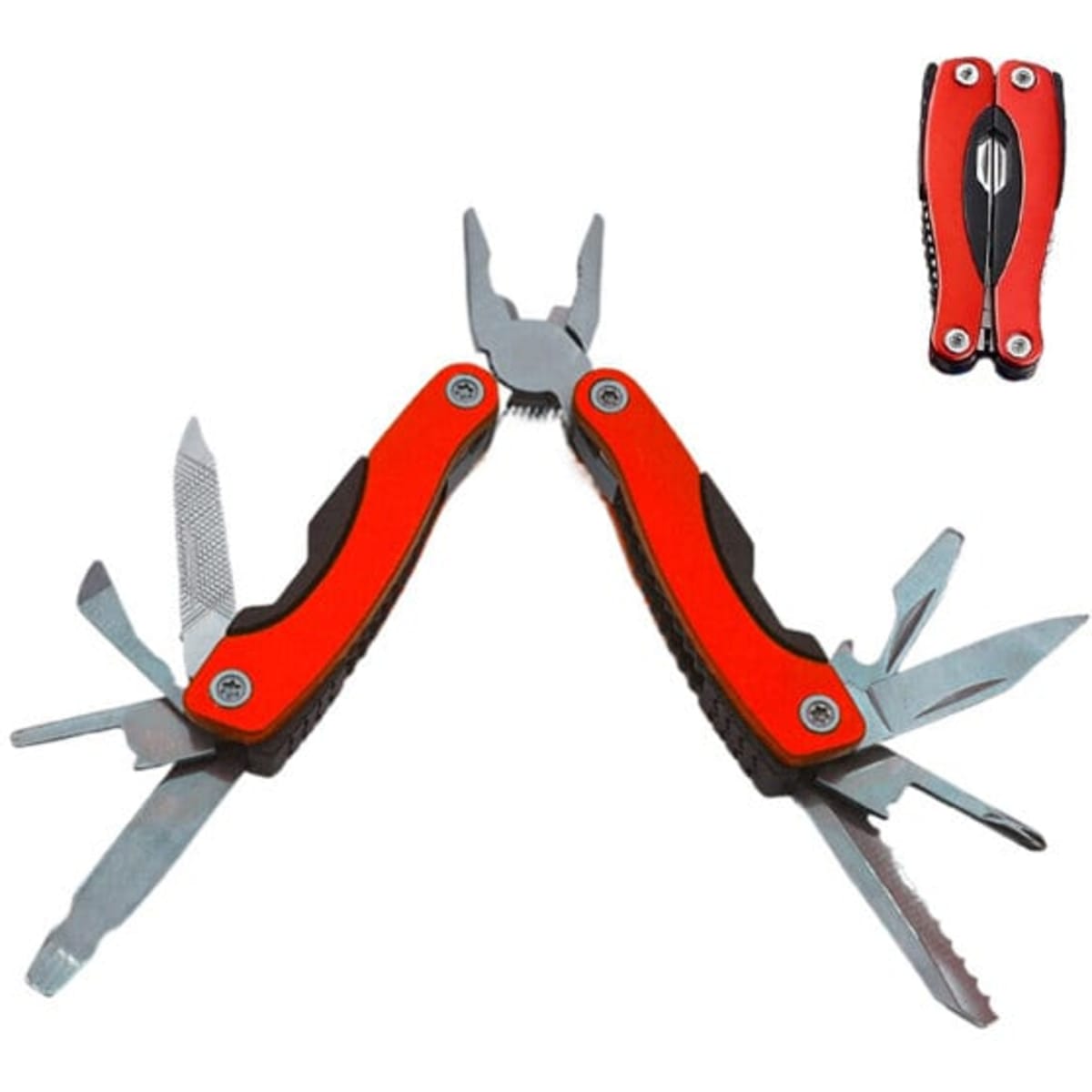 A multifunctional folding knife plier with red and black handles, featuring various tools and a compact design.