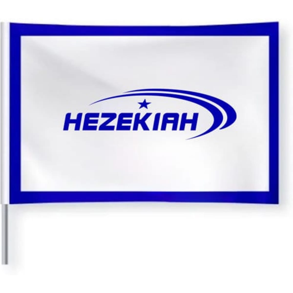 An angled wall flag featuring a white background with blue trim and blue branding.