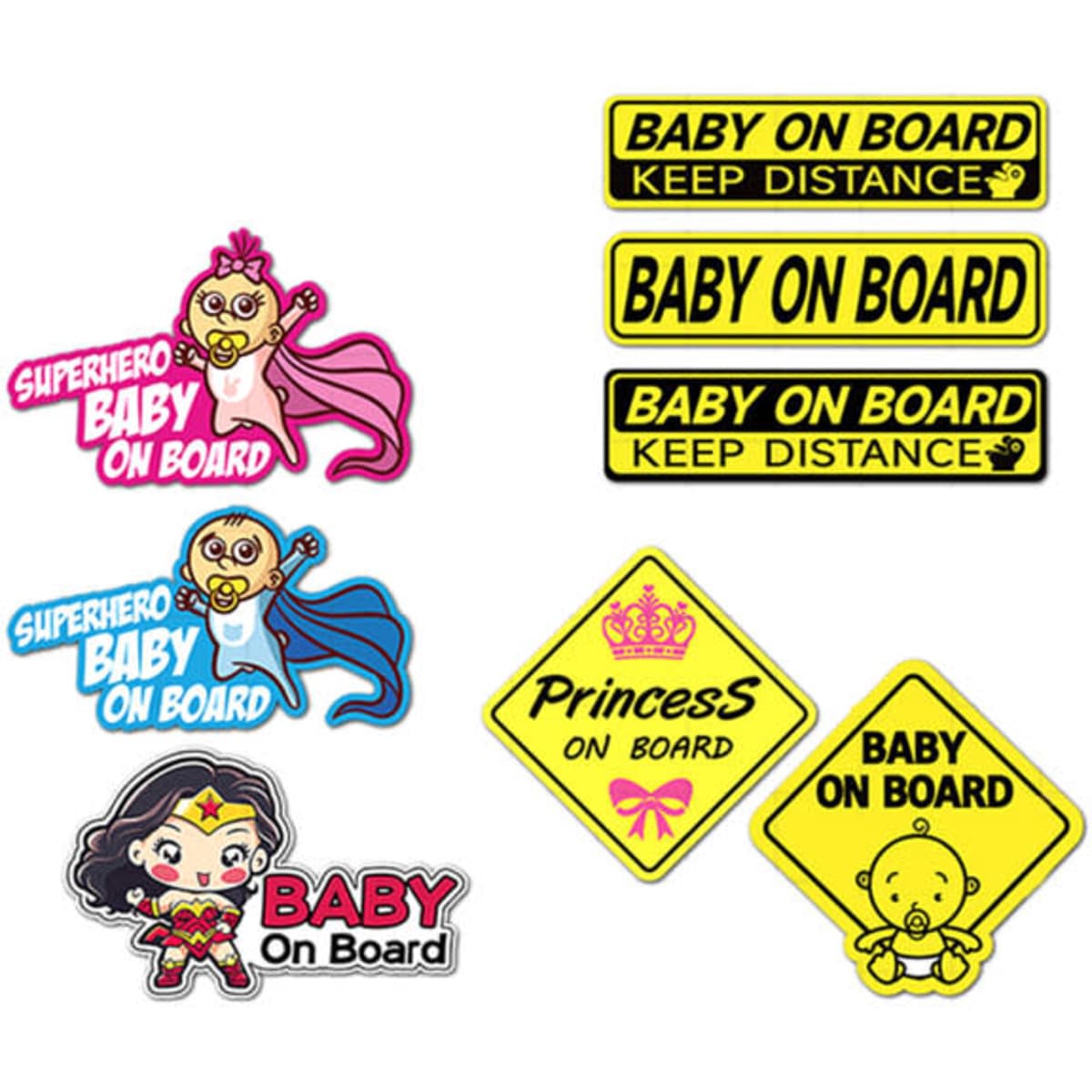 A variety of custom car bumper stickers in bright colours, featuring playful designs with characters and messages.