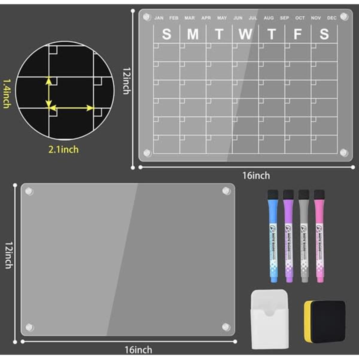 A magnetic dry erase calendar whiteboard set in grey, featuring a monthly layout, markers, and an eraser.