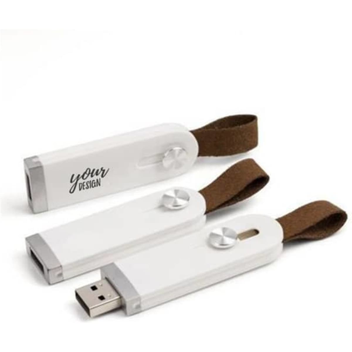 A retractable USB flash drive with a white casing and a brown strap, featuring a logo area for custom design.