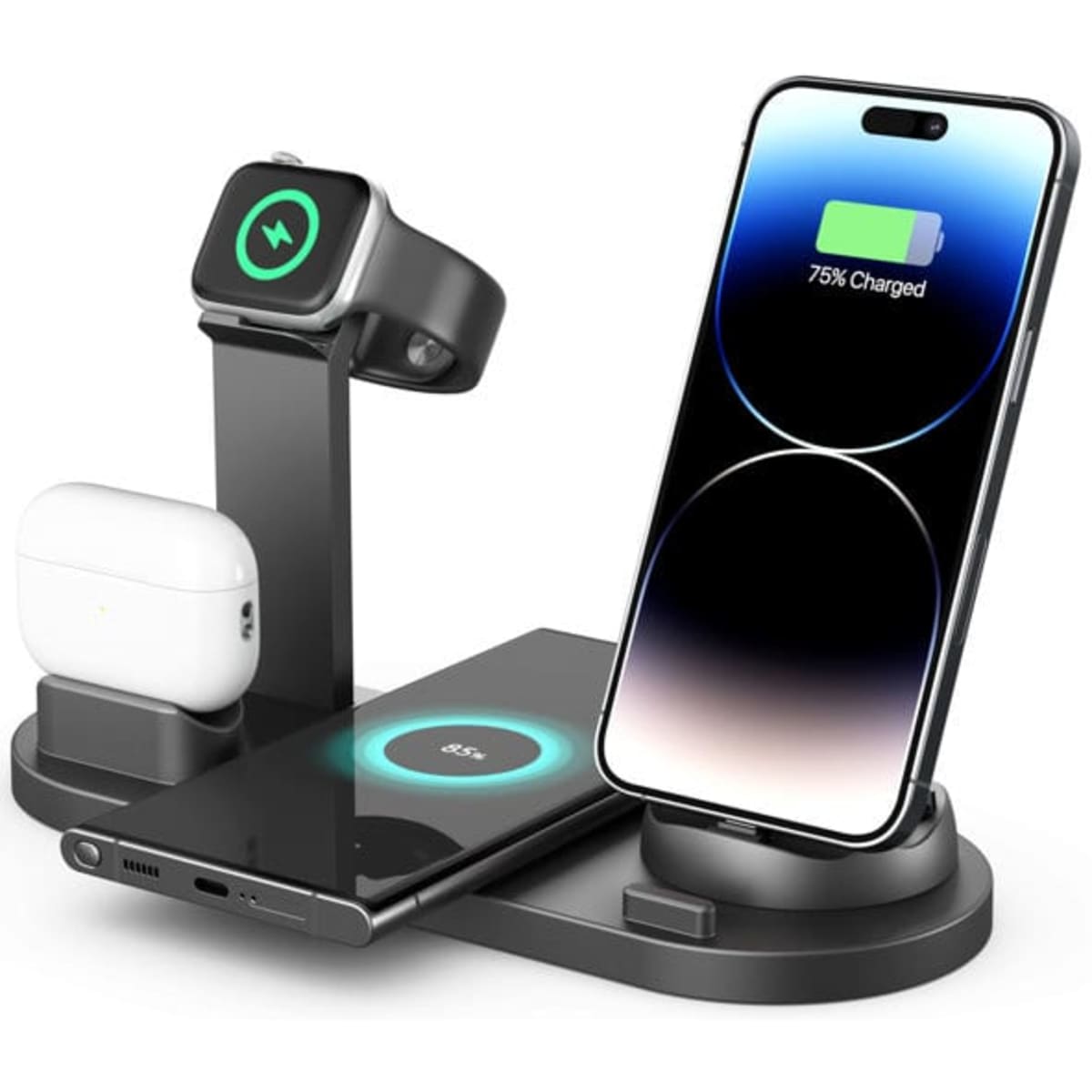 A black 4-in-1 wireless charging stand, designed for a smartphone, smartwatch, and earbuds, with a logo.