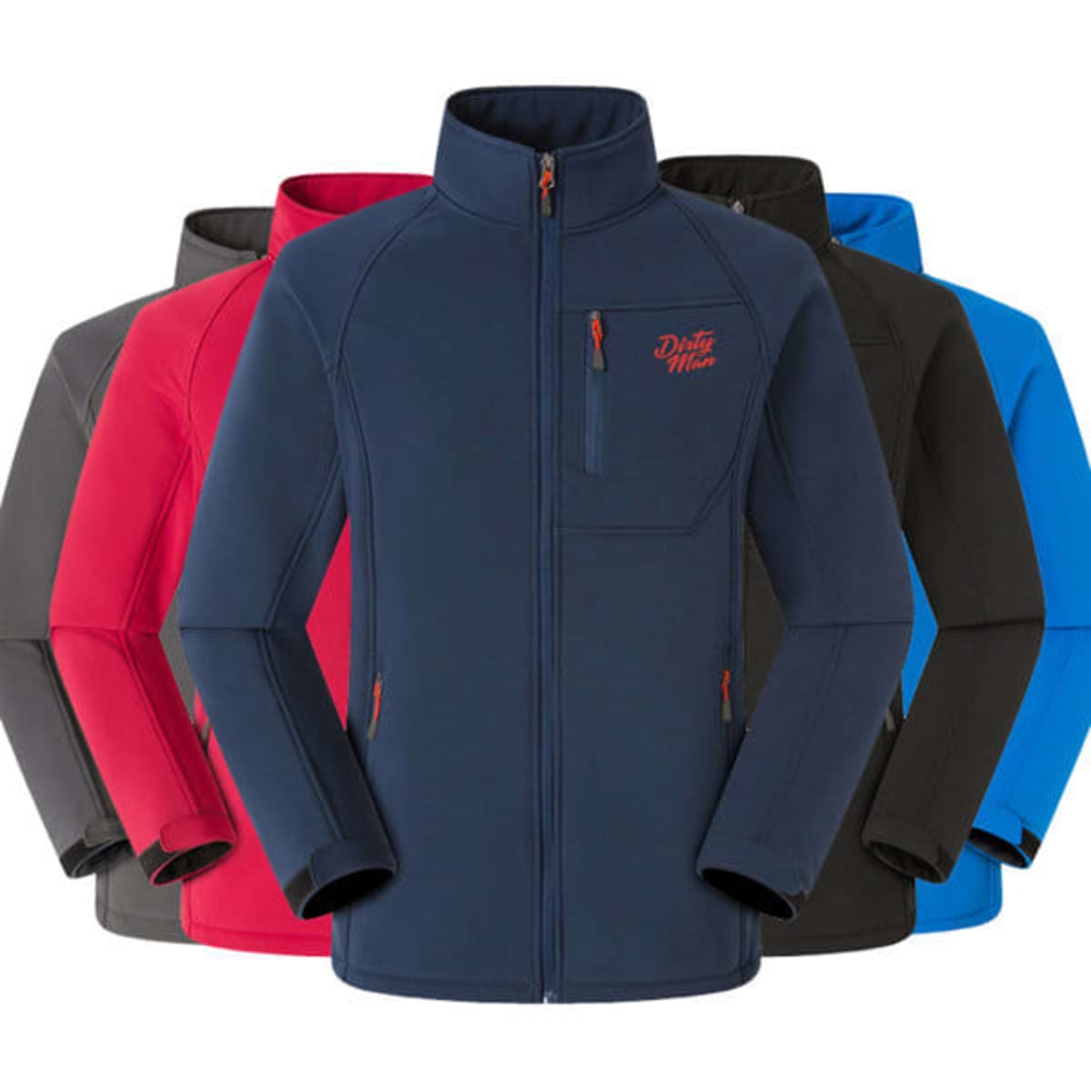 Four waterproof winter outdoor jackets in red, navy, black, and blue. Each jacket features a zip front and logos.