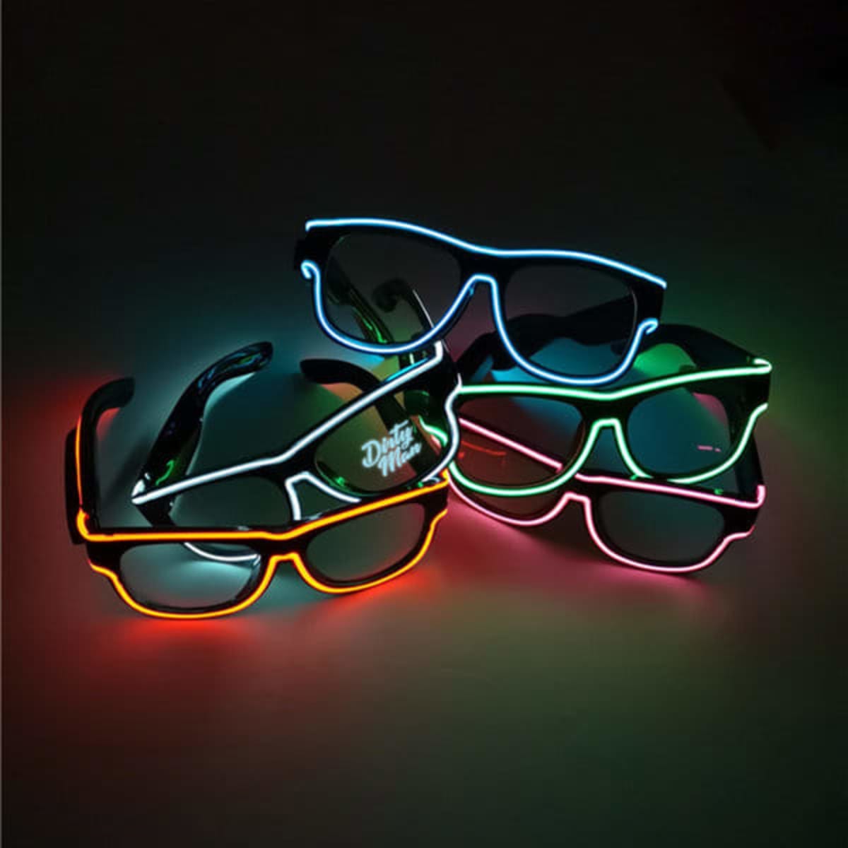A set of LED glowing glasses in various colours, featuring a mix of neon blue, pink, green, and orange trims.