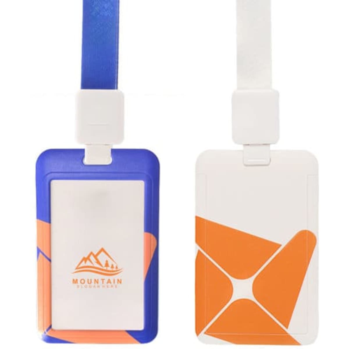 A ID card holder with lanyard, featuring a blue and white design with orange accents. Includes a logo.