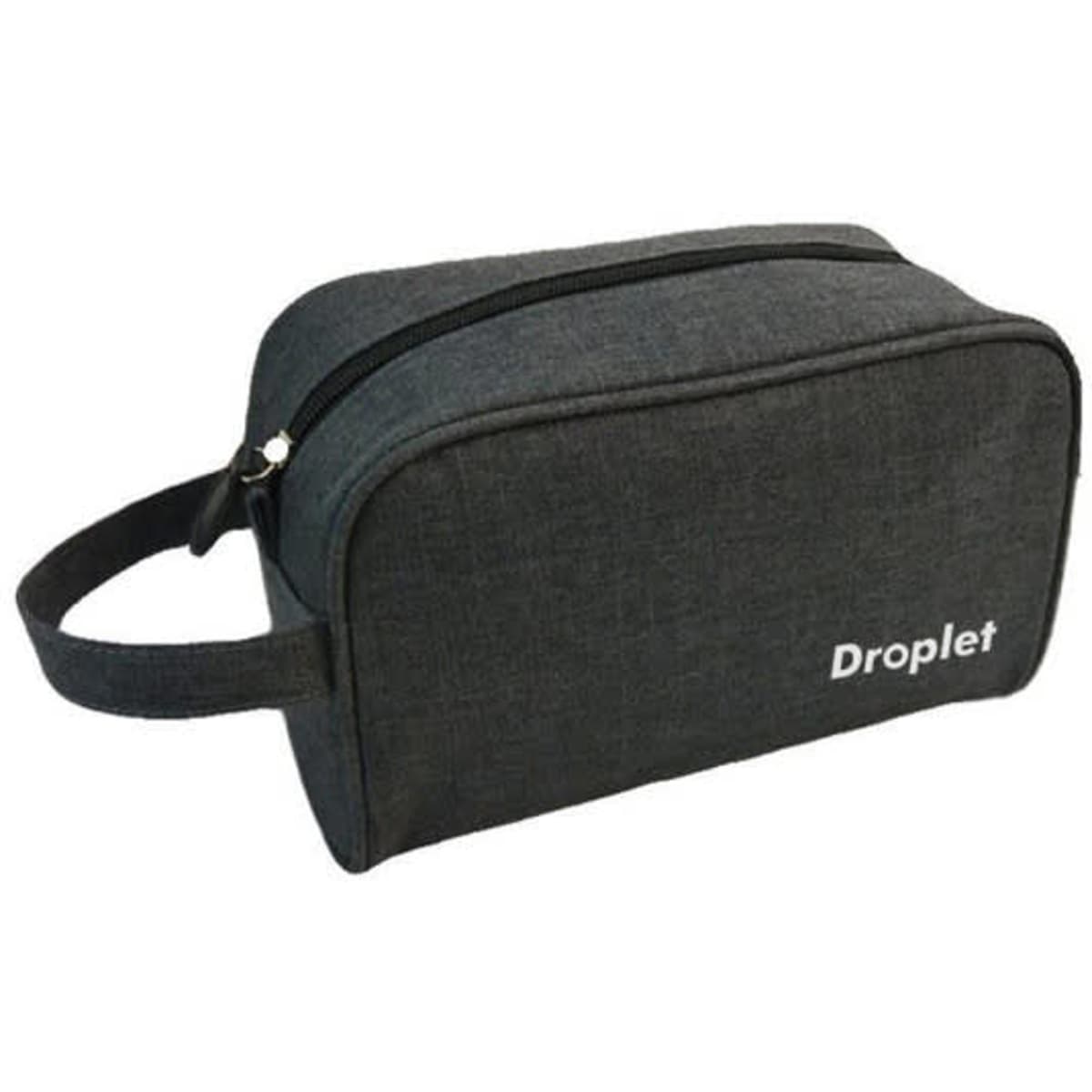 A dark grey toiletry bag with a zip closure and a handle, featuring a logo on the side.