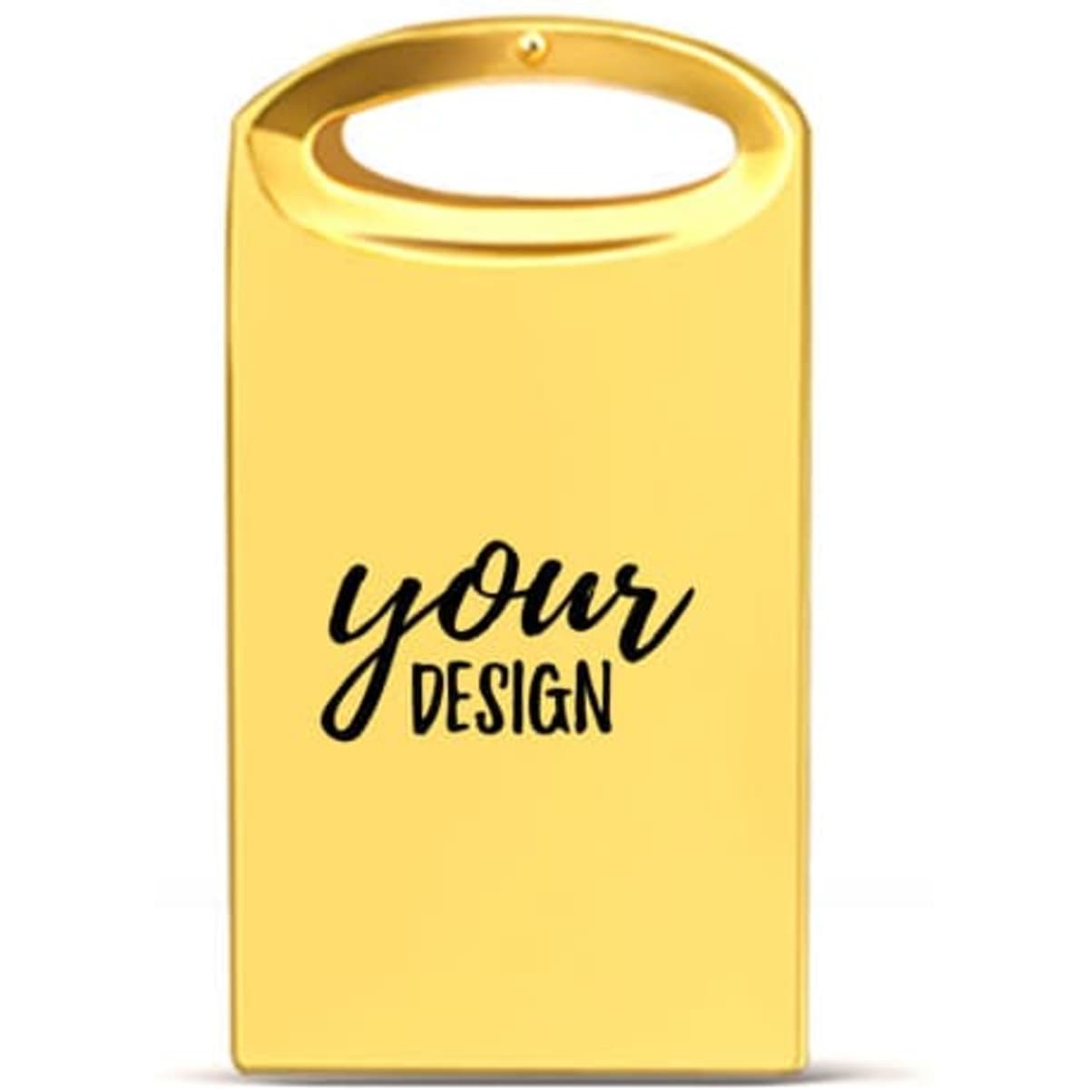 A gold metal USB flash drive featuring a handle and a space for custom design.