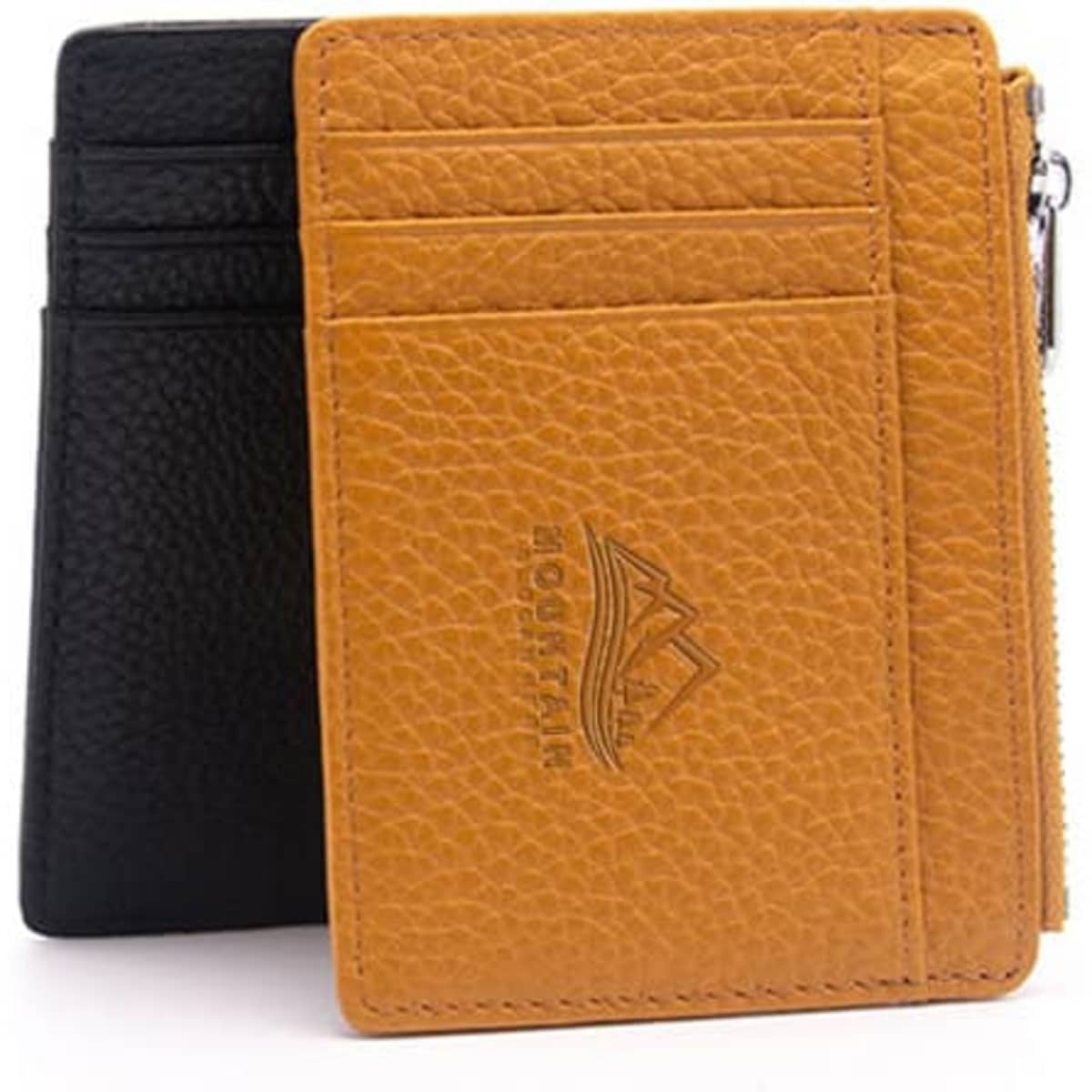 A mini leather zipper card wallet featuring black and mustard yellow colours, with multiple card slots and a zip pocket.