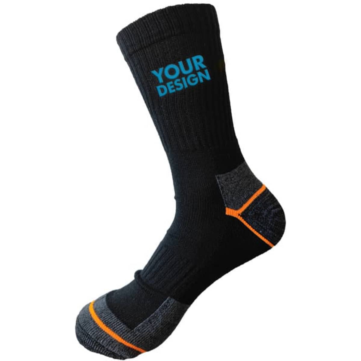 Recycled cotton stretch terry sock in black with grey and orange accents, featuring a logo.