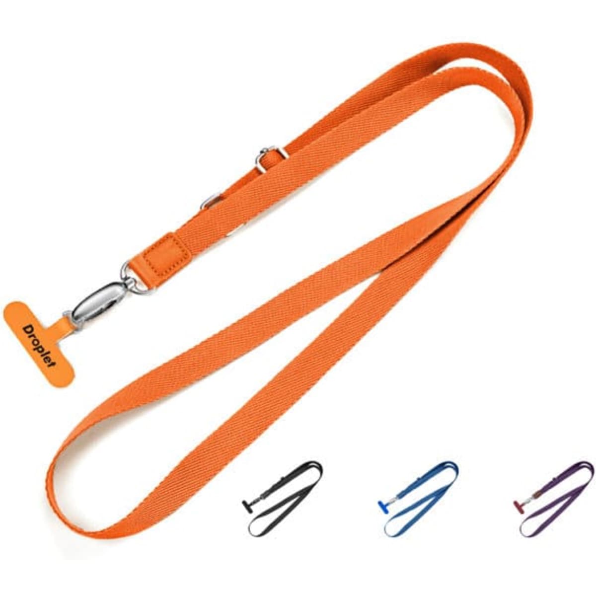 An adjustable phone lanyard in bright orange, featuring a secure clip and multiple colour options.