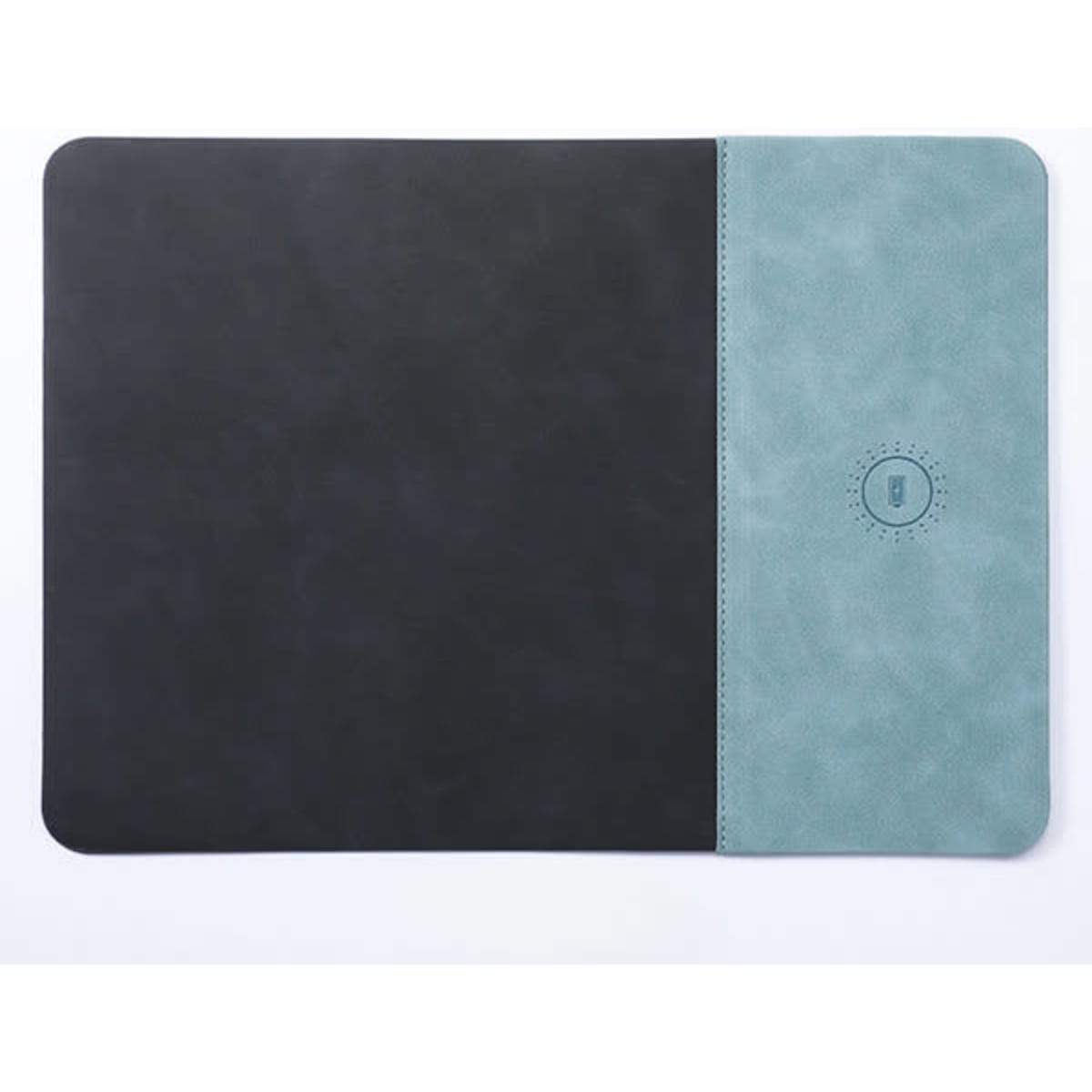 A wireless charging mouse pad featuring a black and teal colour scheme with a logo on the teal side.