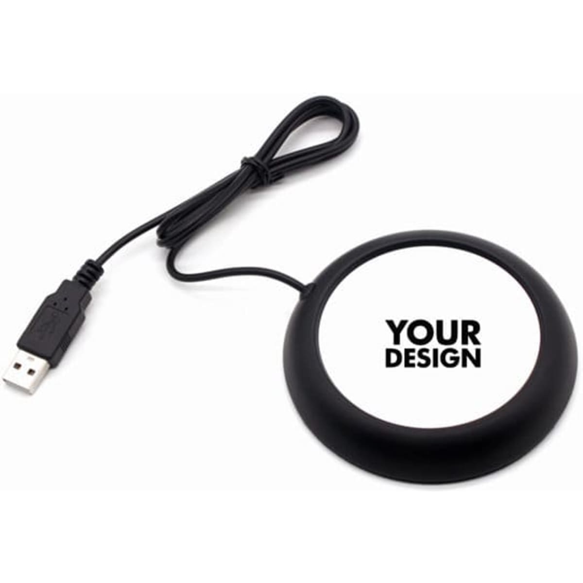 A black portable coffee mug warmer with a USB cable, featuring a customised design area.