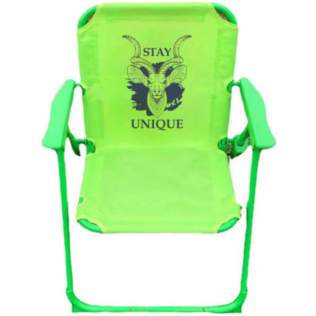 A bright green kids folding beach chair with armrests and an artistic design featuring a goat's head.