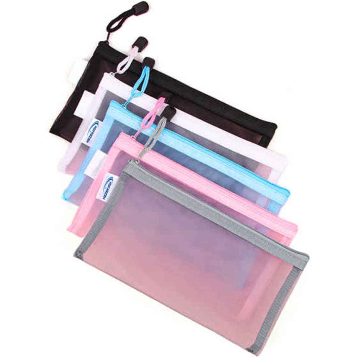 A collection of clear mesh zipper file pouches in black, pink, white, blue, and grey, featuring various zipper colours.