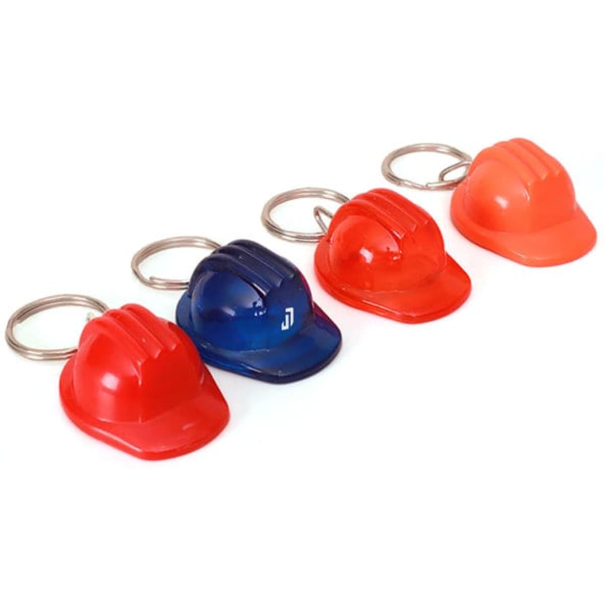Four plastic safety helmet keychains in blue, red, and orange, each with a metal keyring attachment.