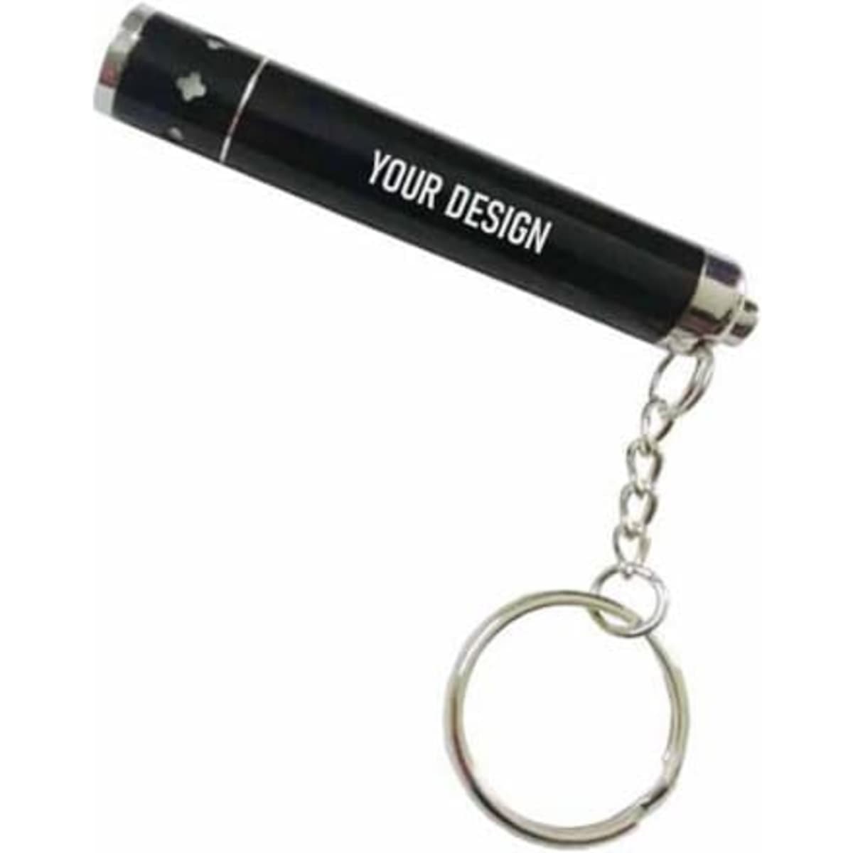 A black aluminium alloy mini flashlight with a keyring attachment and a customised design feature.