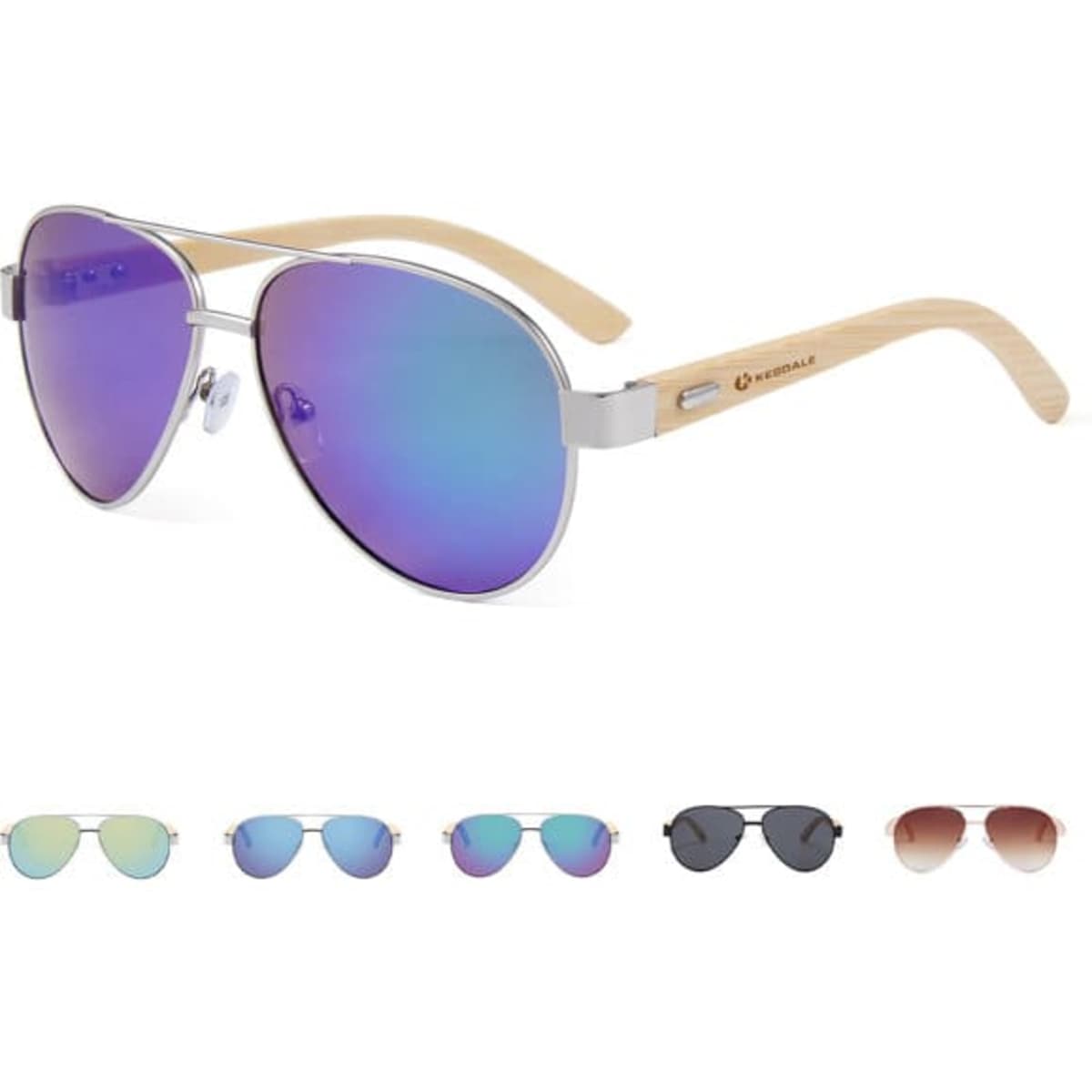 Classic aviator sunglasses with a silver frame and mirrored purple lenses, featuring bamboo temples and a logo on the side.
