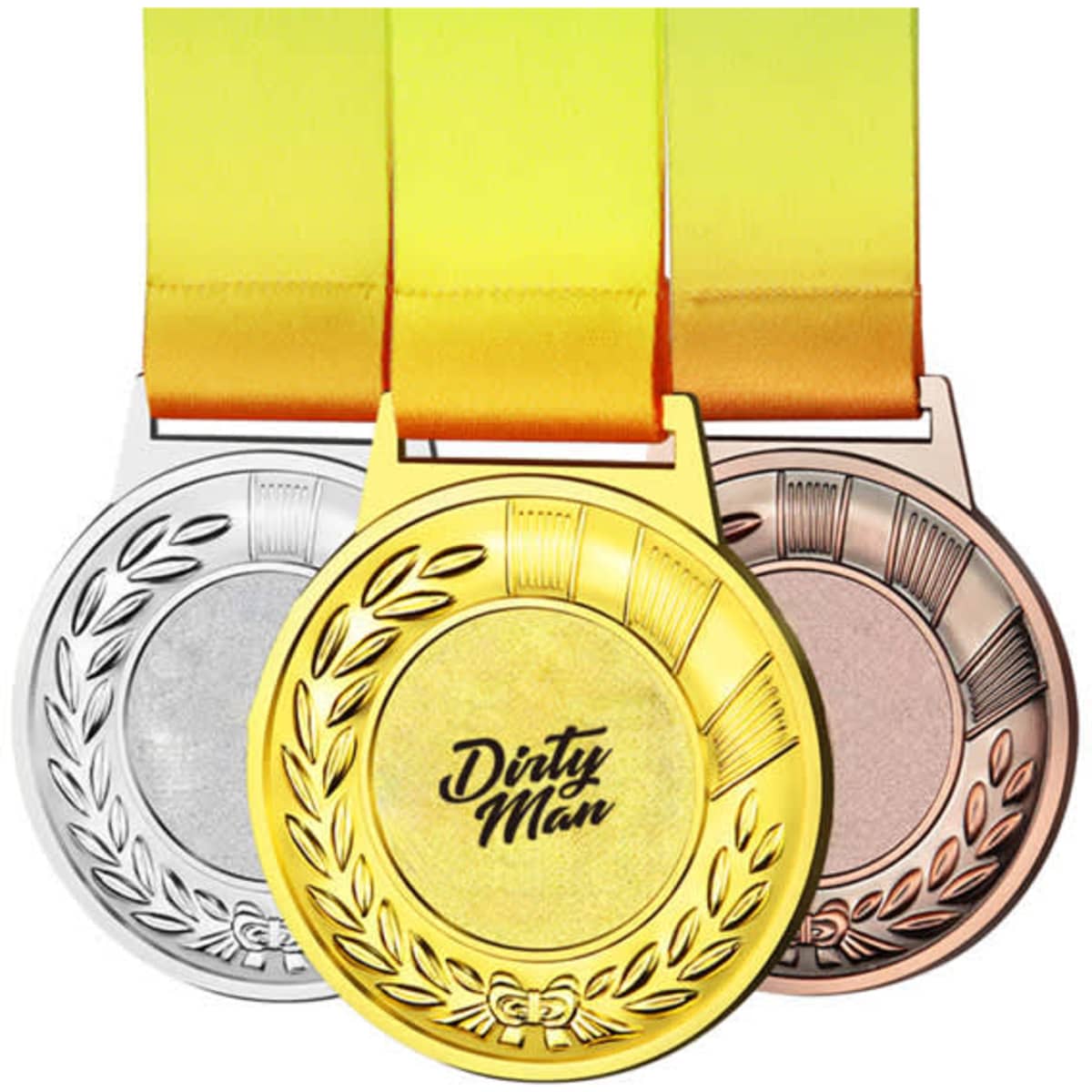 Three customised medals in gold, silver, and bronze with yellow neck ribbons, featuring a logo on each medal.