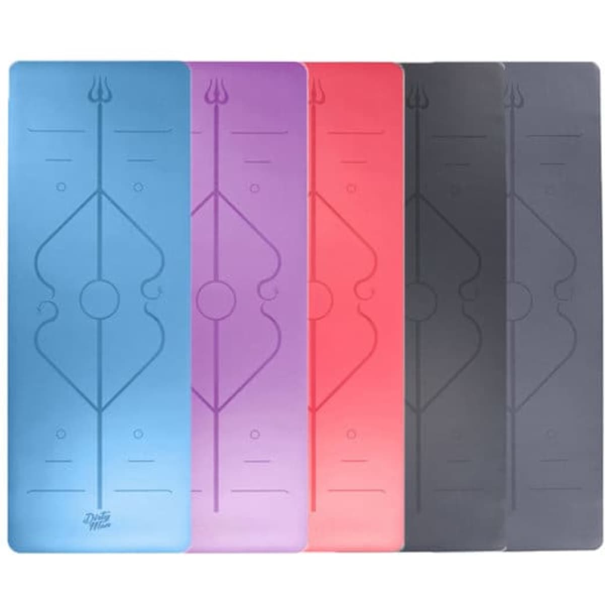 A set of PU natural rubber yoga mats in blue, purple, pink, red, and grey, featuring a logo and intricate designs.