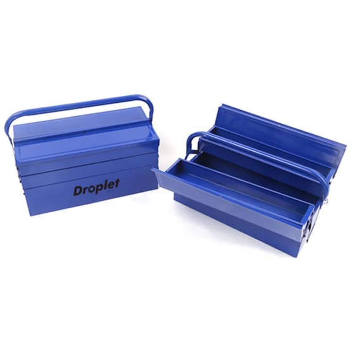 A blue double-layer iron tool box with a handle, featuring an open design showcasing multiple compartments.