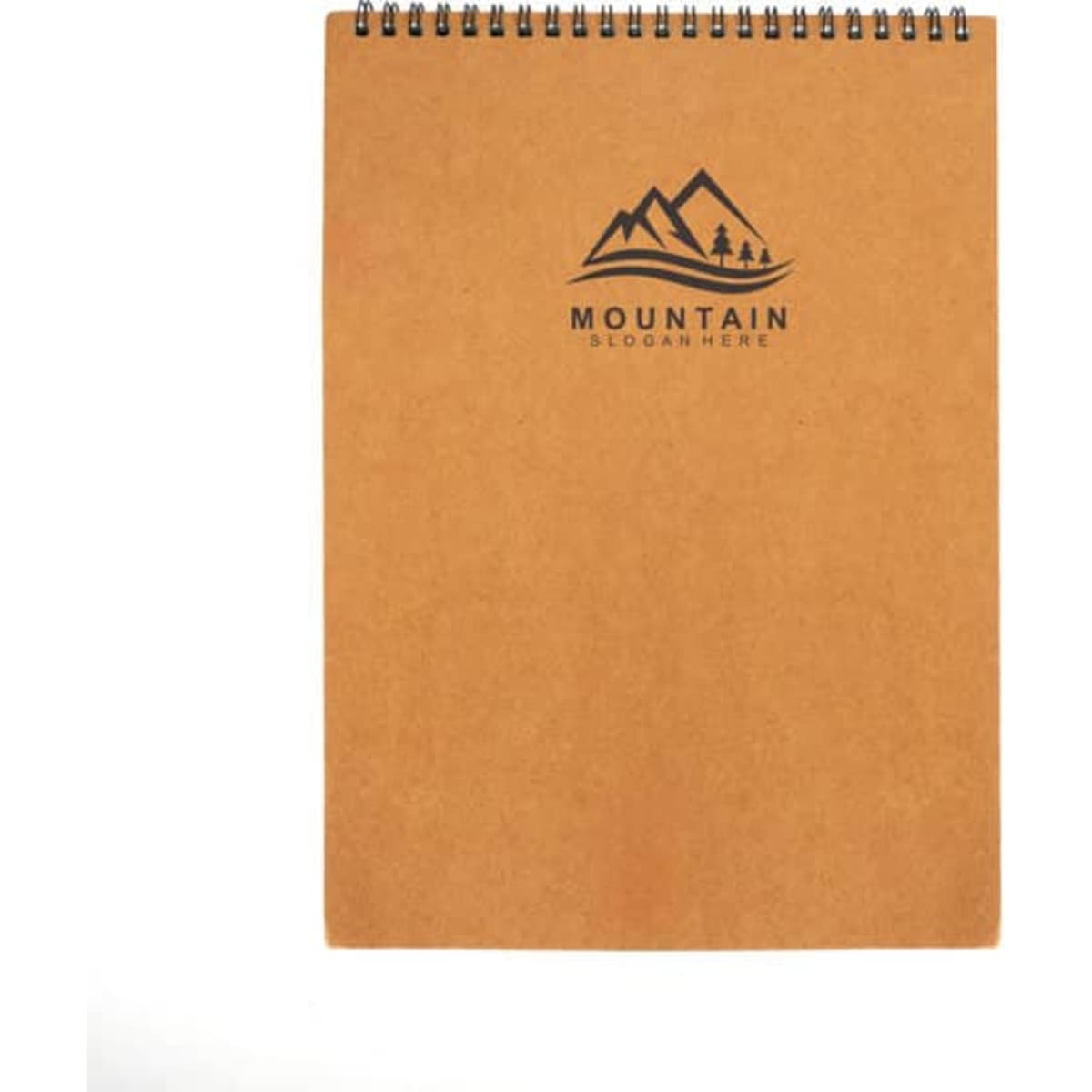 A4 spiral bound sketchbook with a brown cover and a logo featuring mountains on the front.