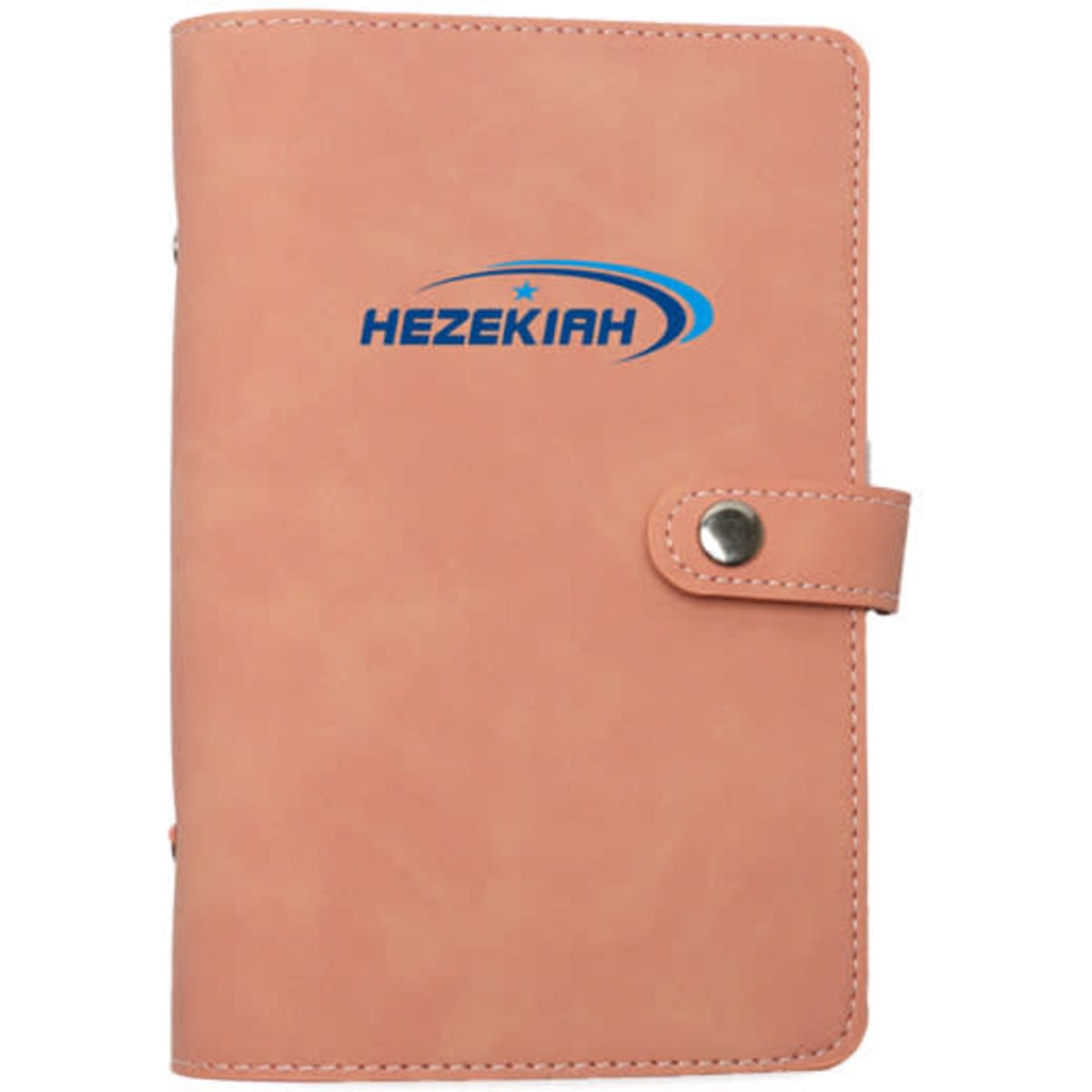A peach PU leather ring binder portfolio features a snap closure and a logo.