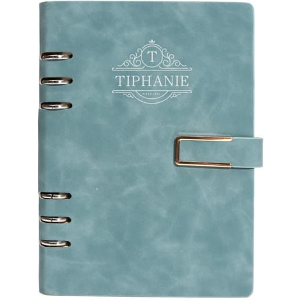A turquoise PU leather spiral notebook with a buckle and a decorative logo on the cover.