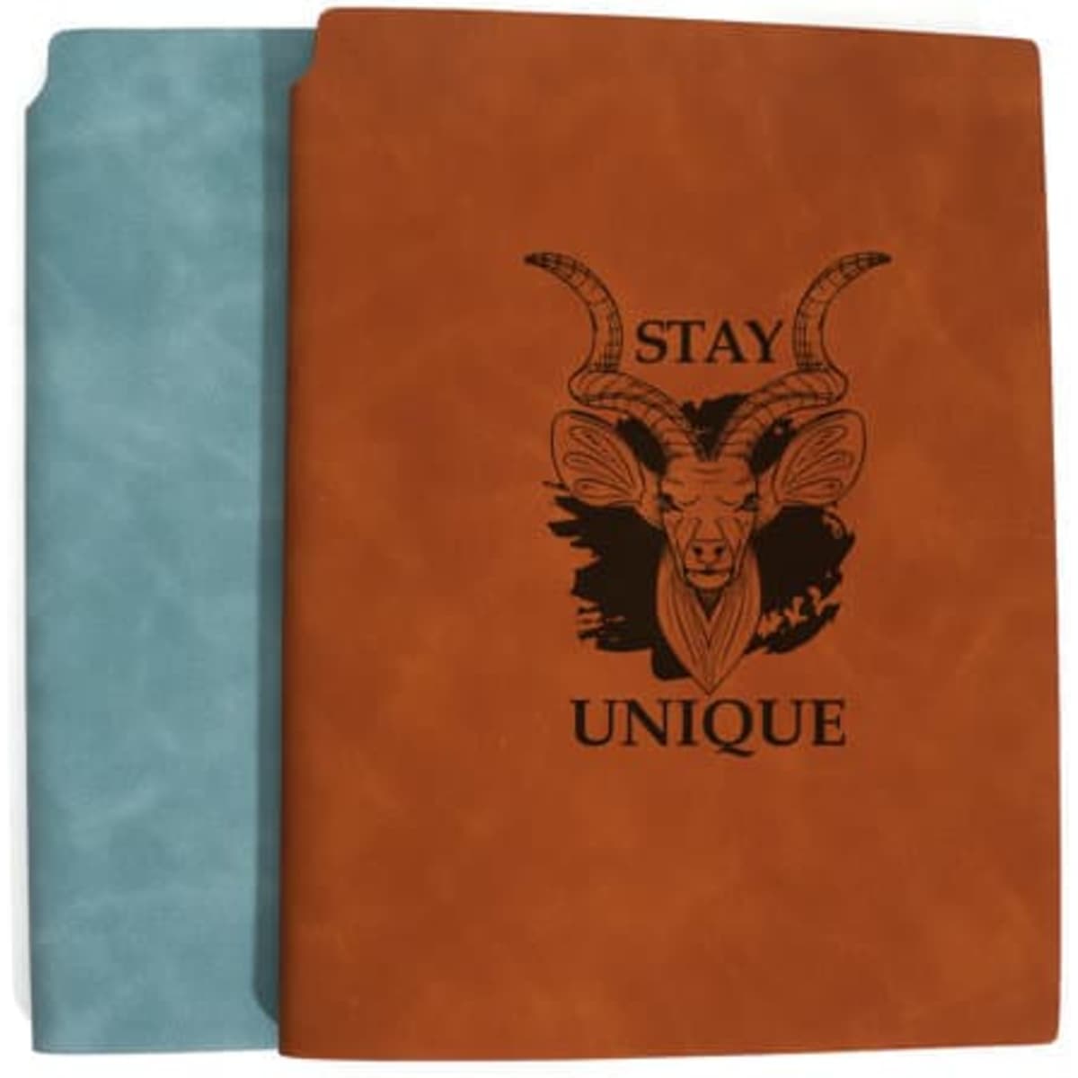 A brown PU leather notebook with a pen slot, featuring a design and an aqua blue cover on one side.