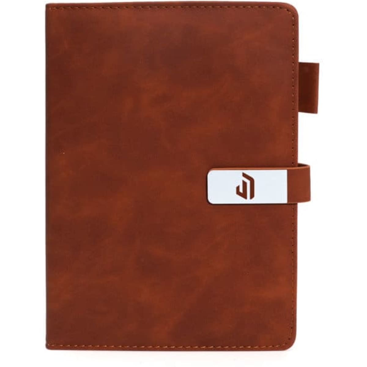 A5 PU leather notebook in brown with a white buckle and a logo on the front.