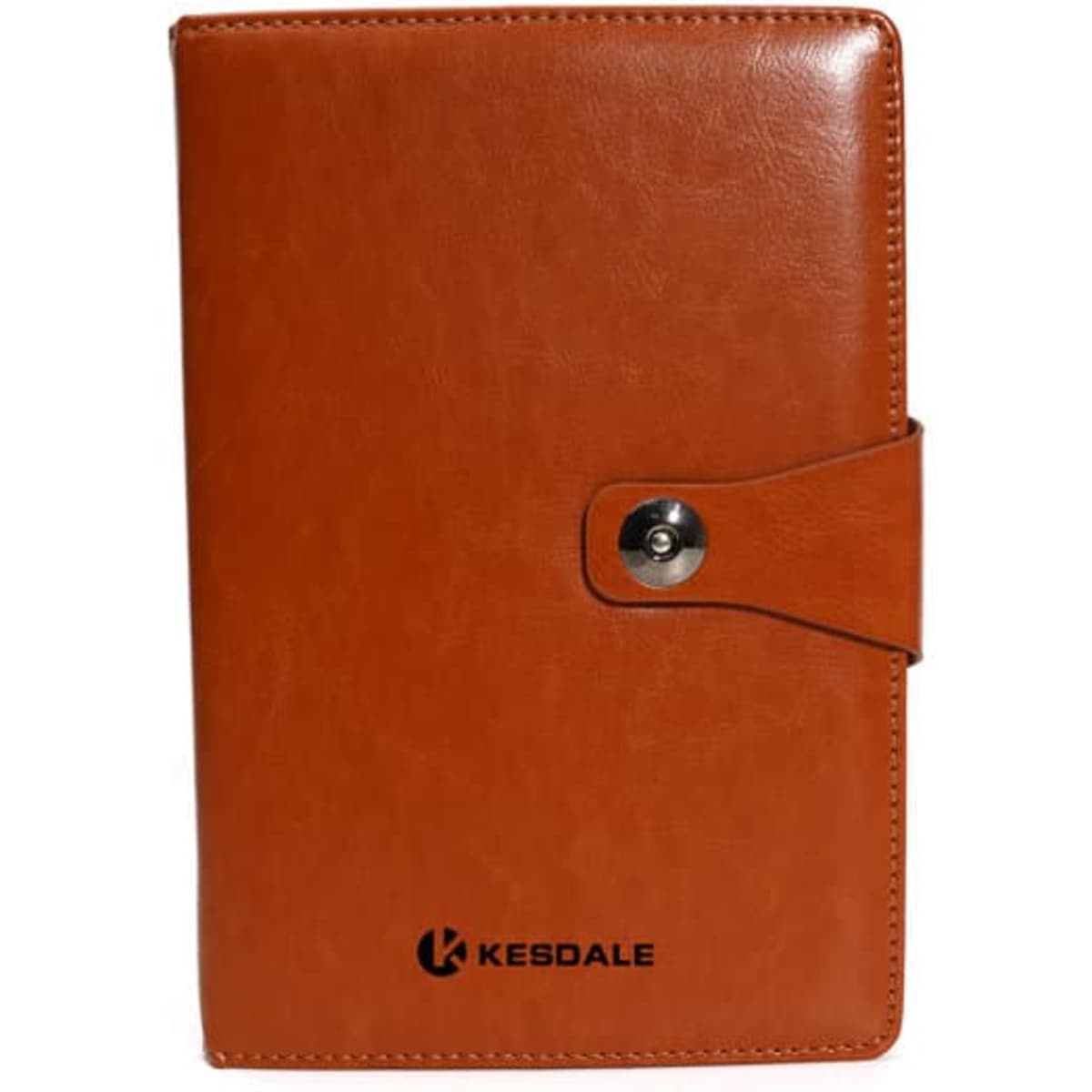 A5 business spiral notebook in brown synthetic leather with a buckle closure and a logo on the cover.