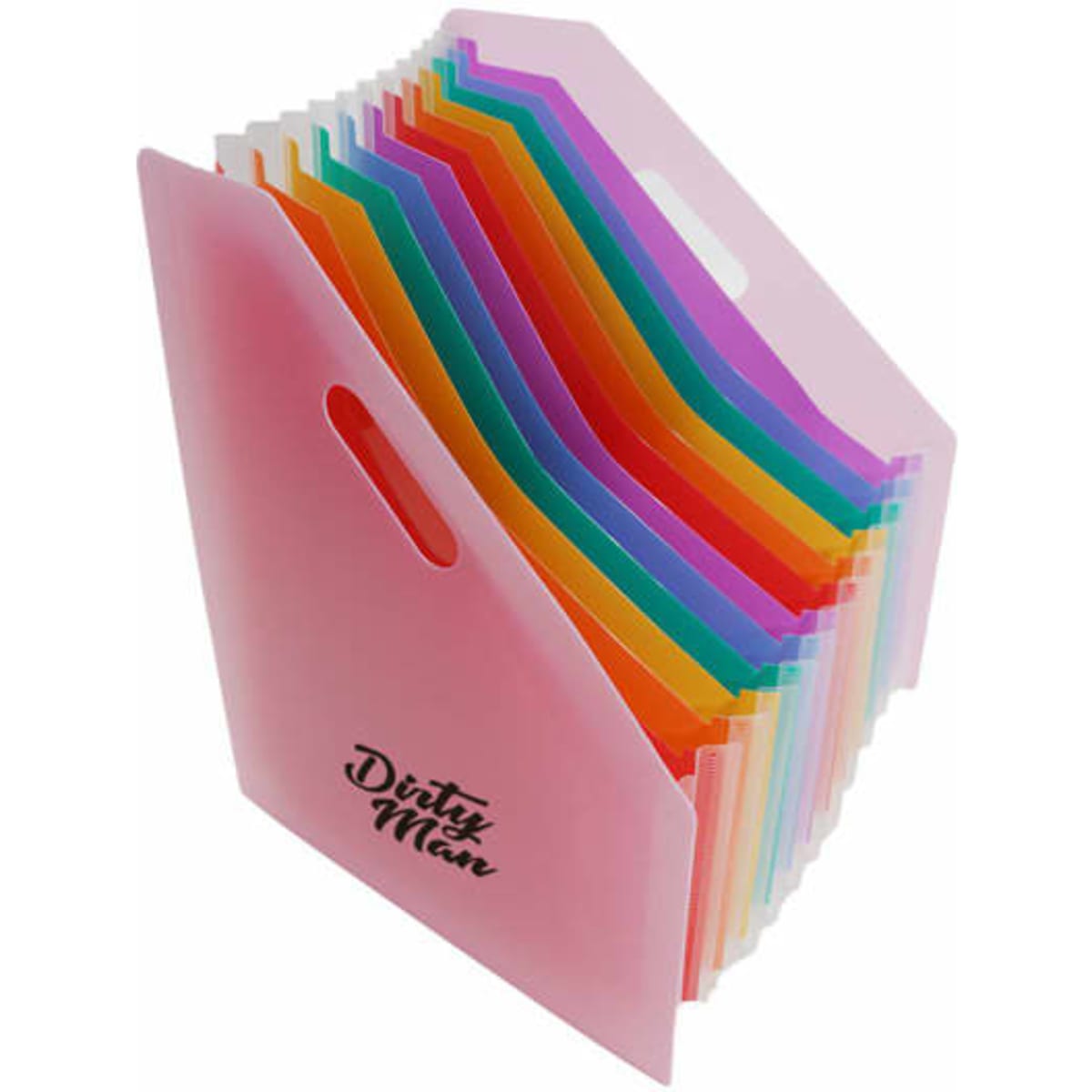 A pink expandable file magazine folder with multiple coloured dividers, featuring a handle and a logo on the front.