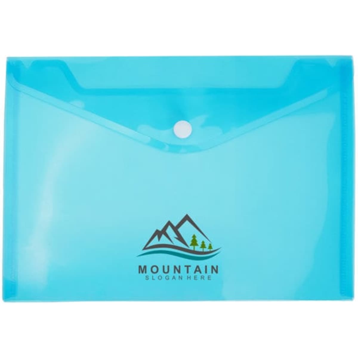 A blue clear button file bag with a snap closure and a logo featuring mountains and trees.