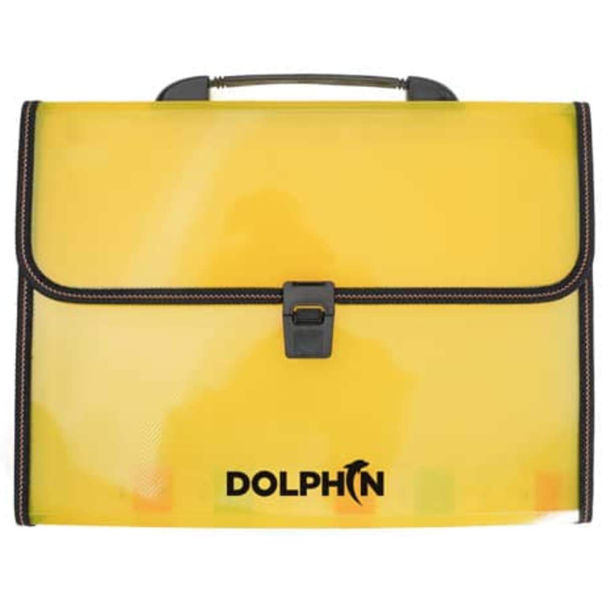 A portable file bag in bright yellow with a black handle and clasp, featuring a logo on the front.