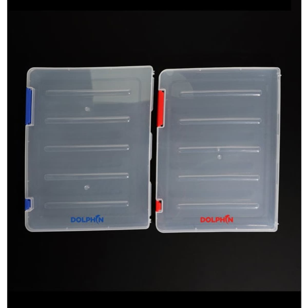 A plastic document paper filling case in clear with blue and red accents, featuring multiple compartments.