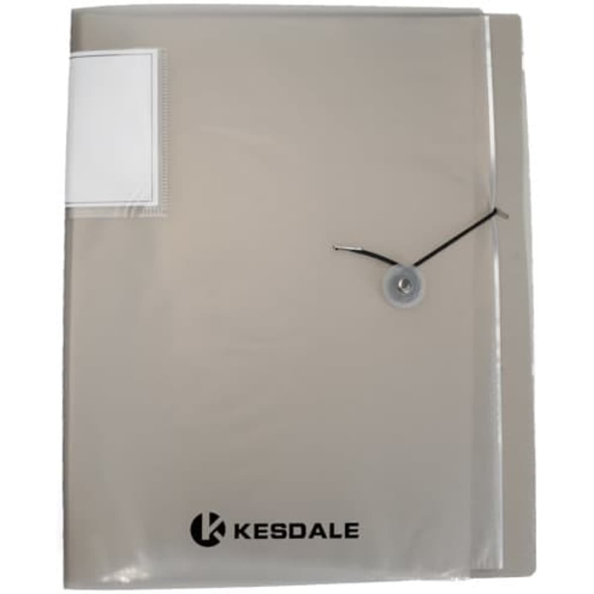 A4 insert information booklet folder in a light grey colour with a button closure and a pocket for labels.