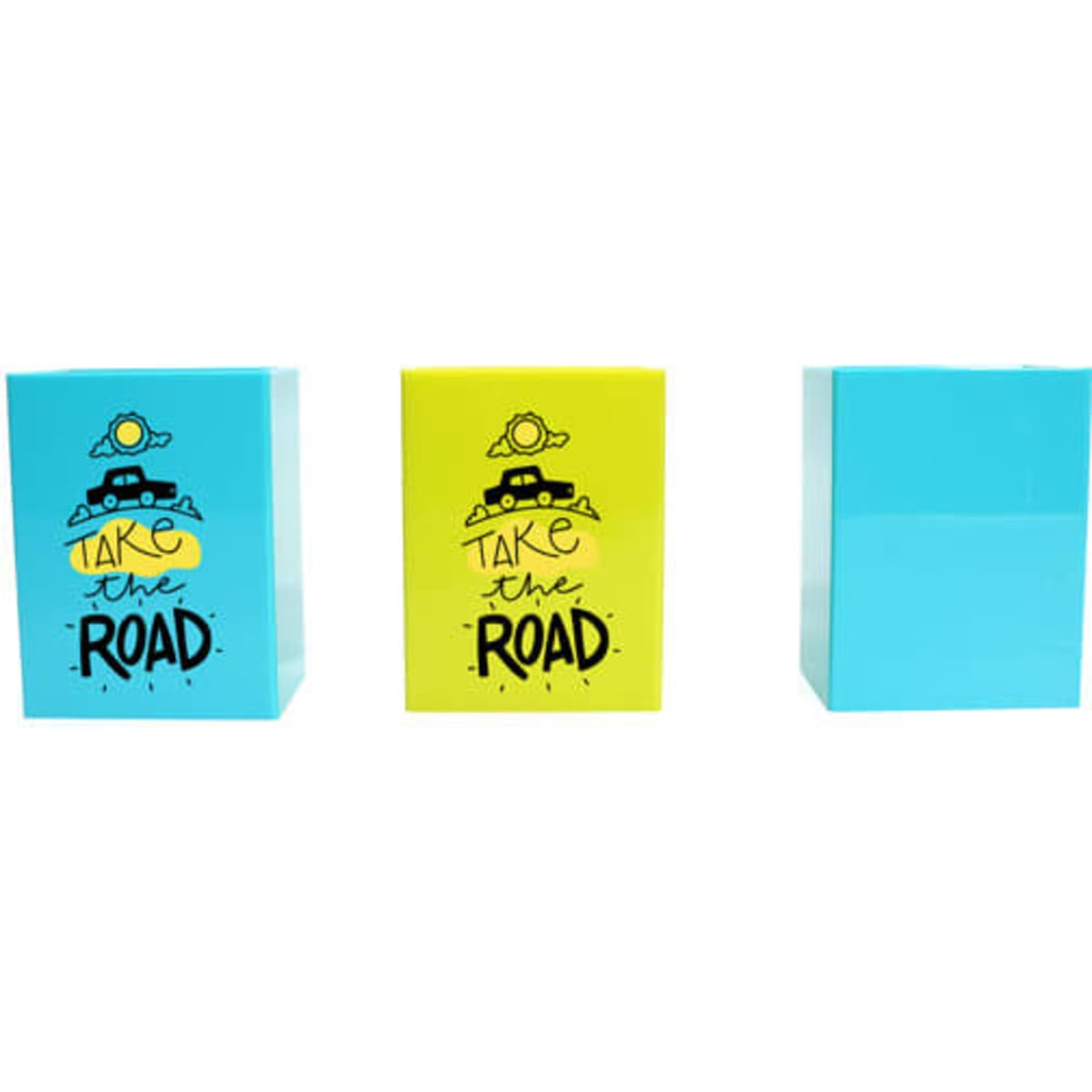 A plastic square pen holder in blue and yellow colours, featuring a logo on the front.