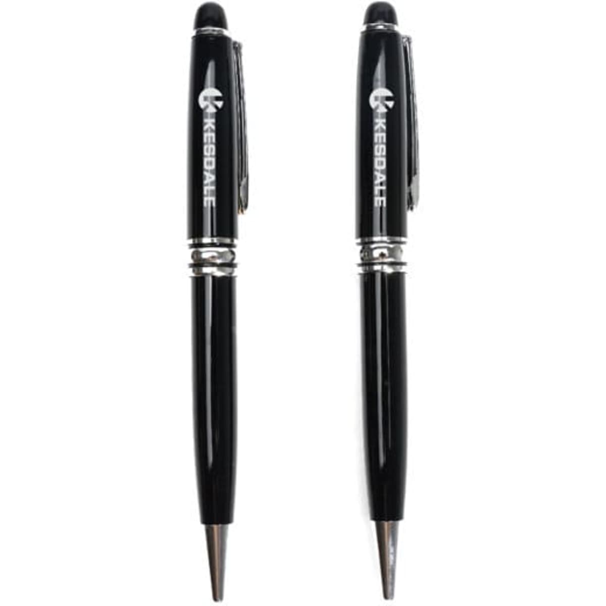 A pair of black business ballpoint pens with silver accents and a logo on one side.