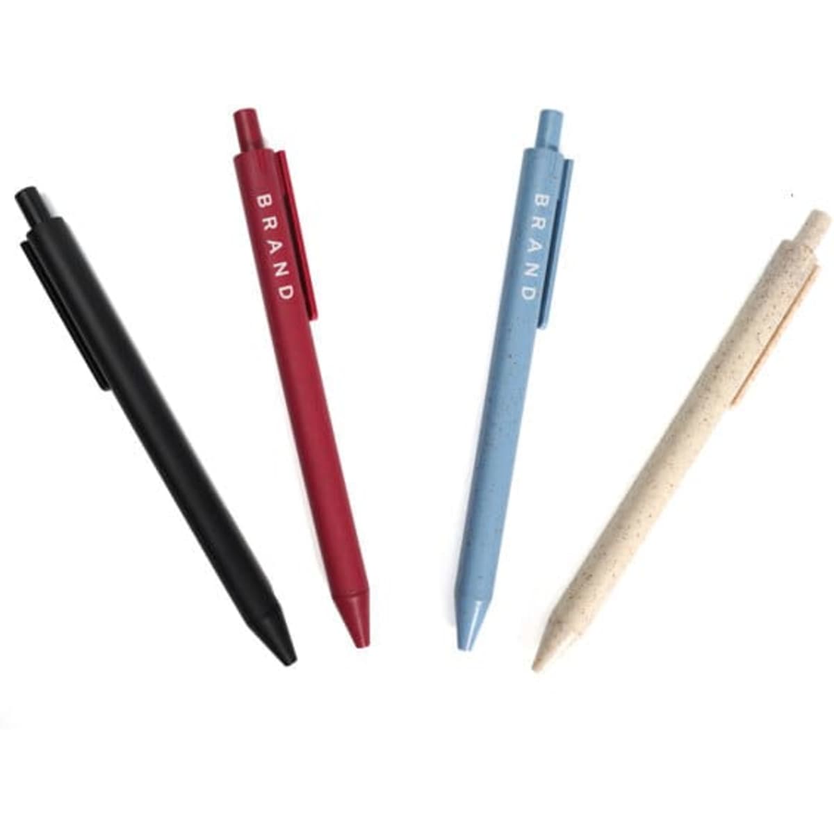 A collection of four ballpoint pens in black, maroon, blue, and a speckled design, each featuring a logo.