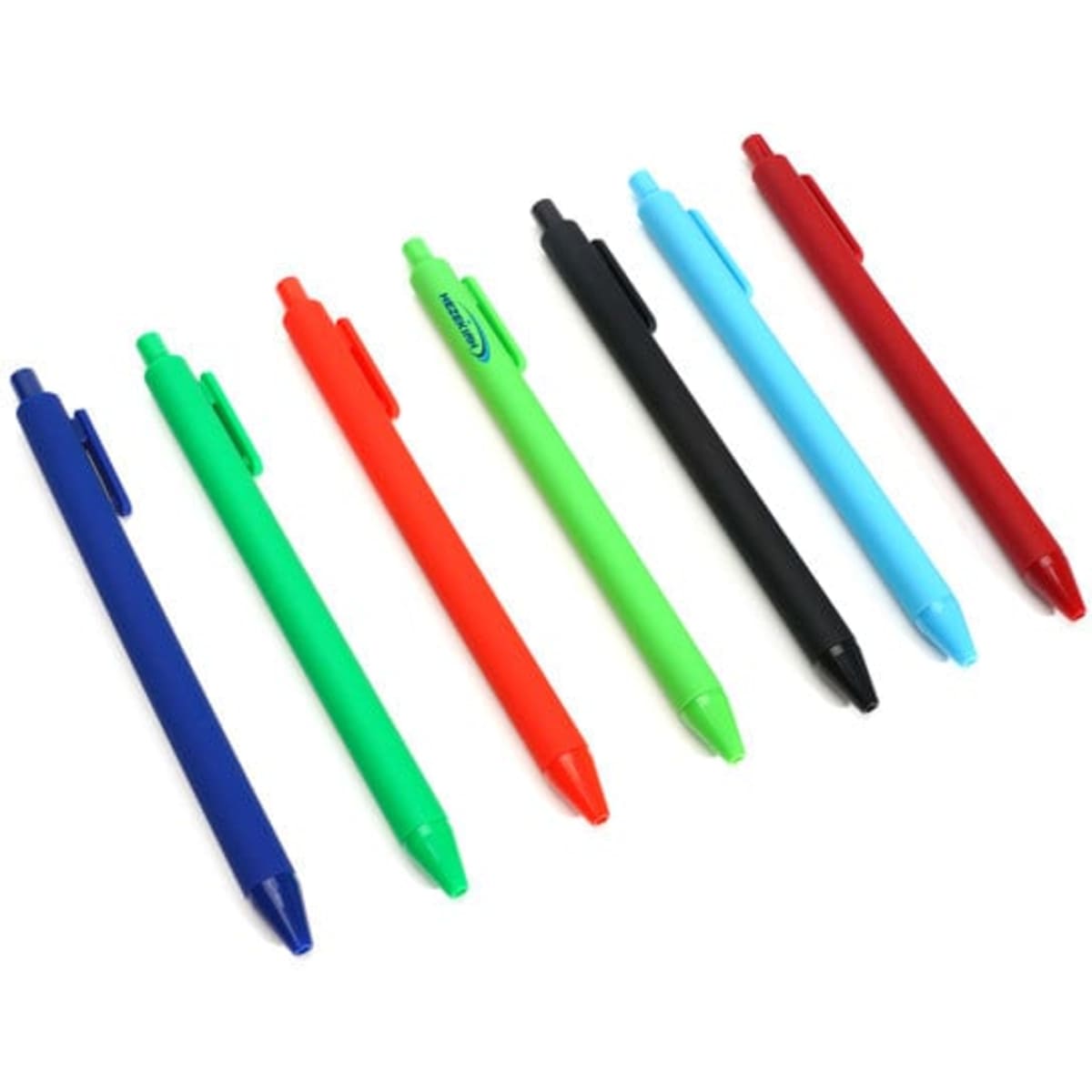 A set of retractable ballpoint pens in various colours: blue, green, neon green, orange, black, light blue, and red.