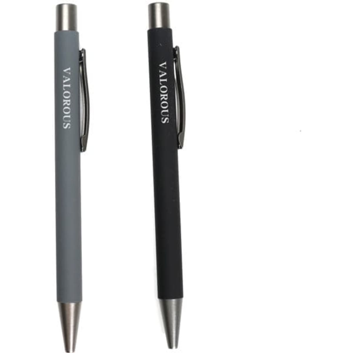 Two retractable ballpoint pens in grey and black, featuring a silver clip and a logo on the barrel.
