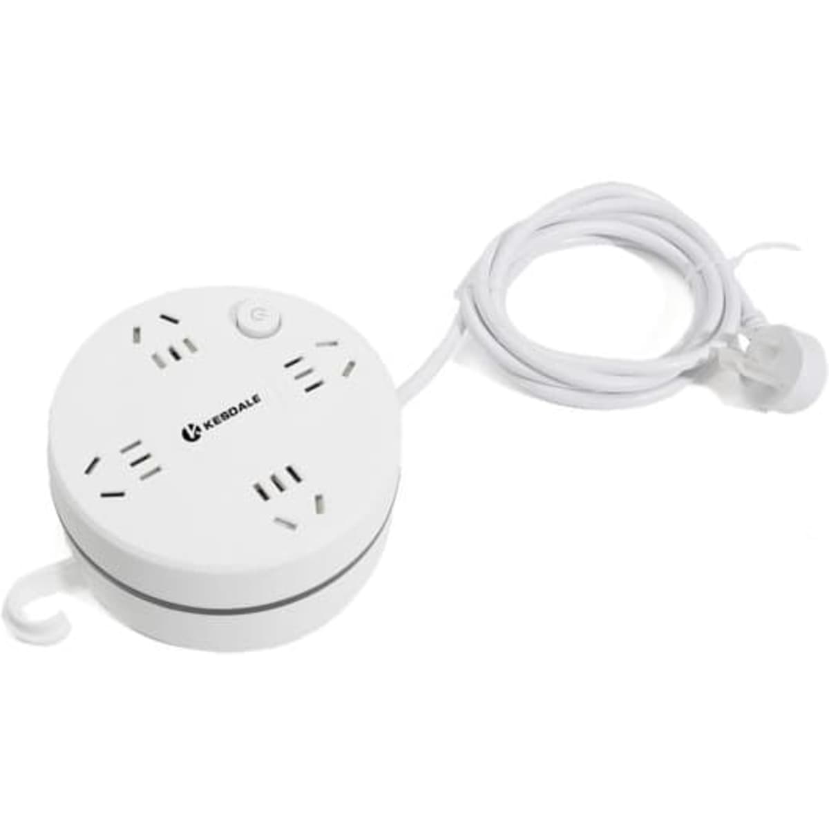 A round, white retractable multi-hole USB plug board with a long white cable and a hook for hanging.