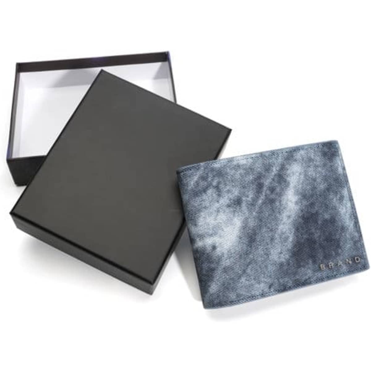 A blue PU leather men's wallet displayed next to a black gift box, featuring a logo on the wallet.