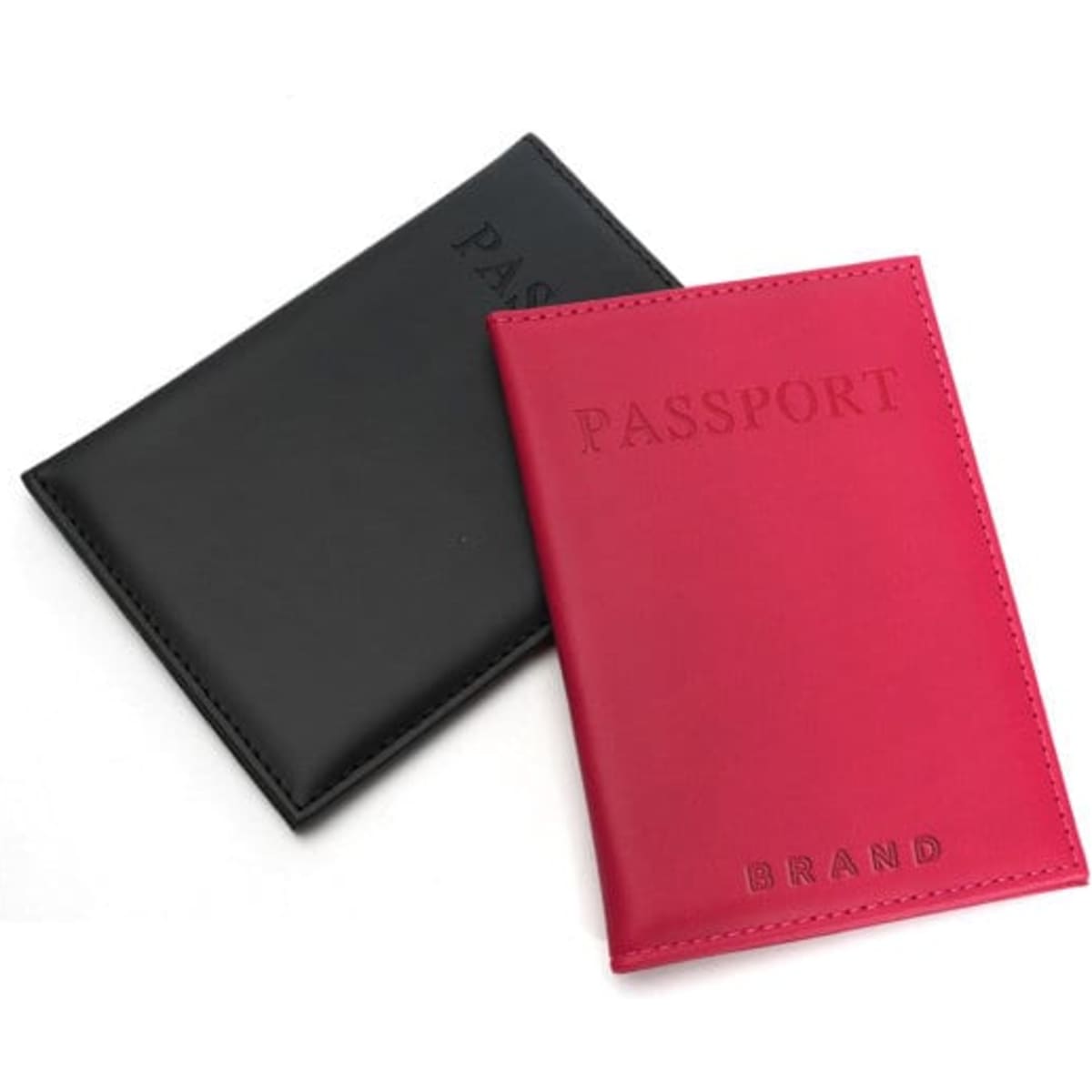 A black and a pink PU passport holder, featuring the word "PASSPORT" embossed on the front, with a logo present.