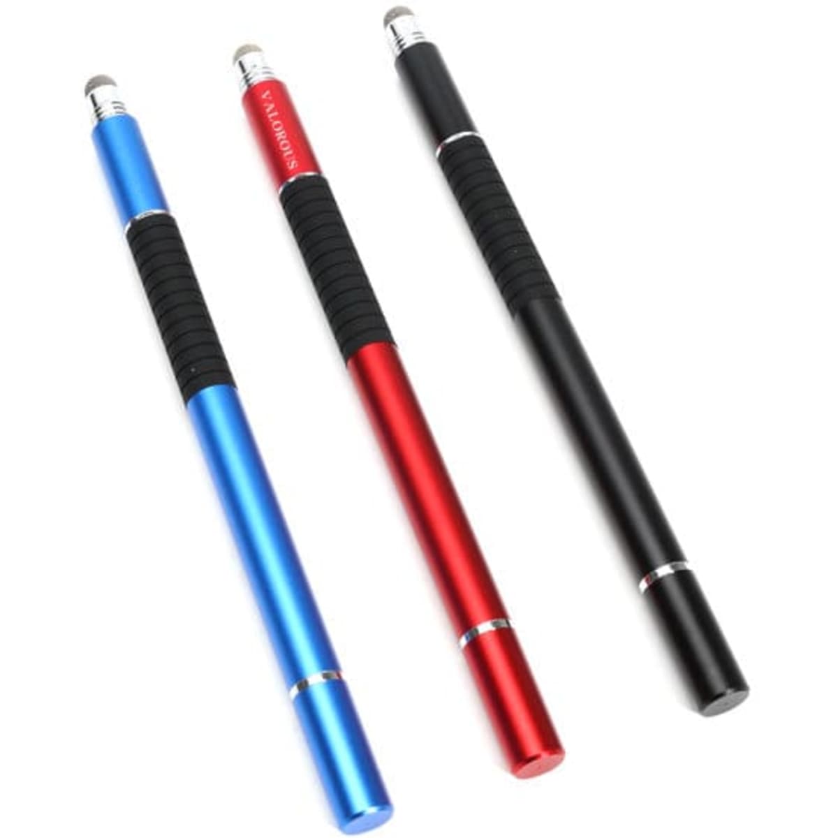 Three stylus pens in blue, red, and black, each with a rubber grip and a branding logo near the top.