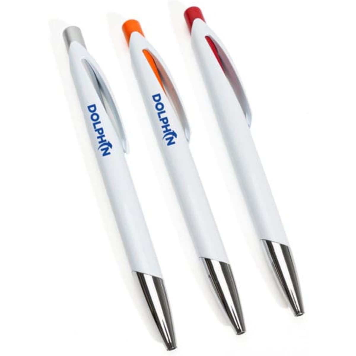 A set of three plastic ballpoint pens with white barrels, featuring silver, orange, and red accents, and a logo.