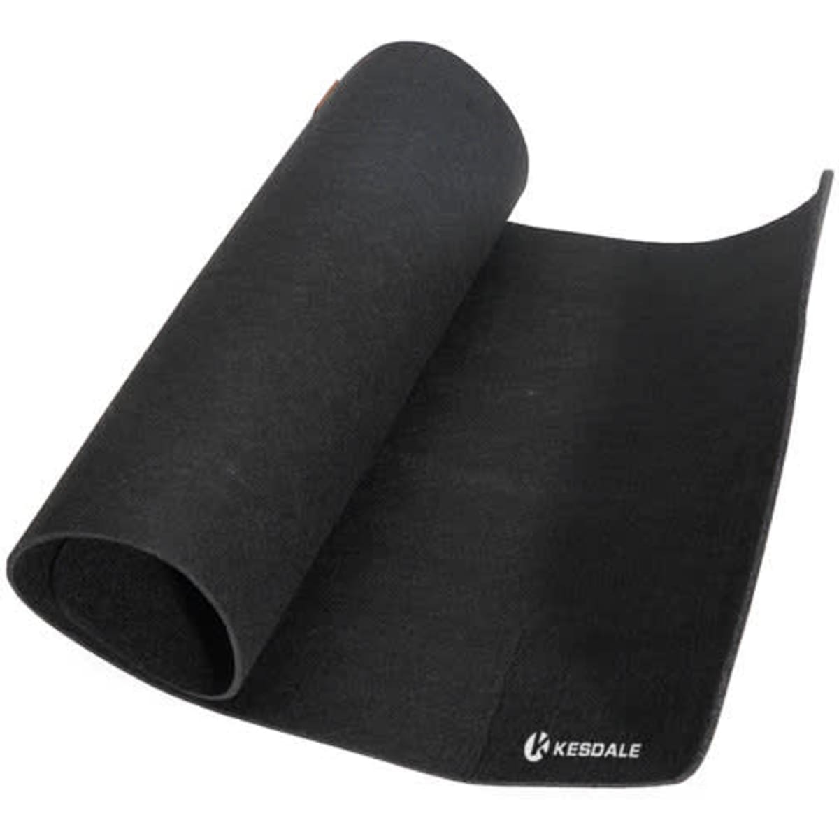 A large black felt desk pad is rolled slightly open, featuring a small logo on the corner.